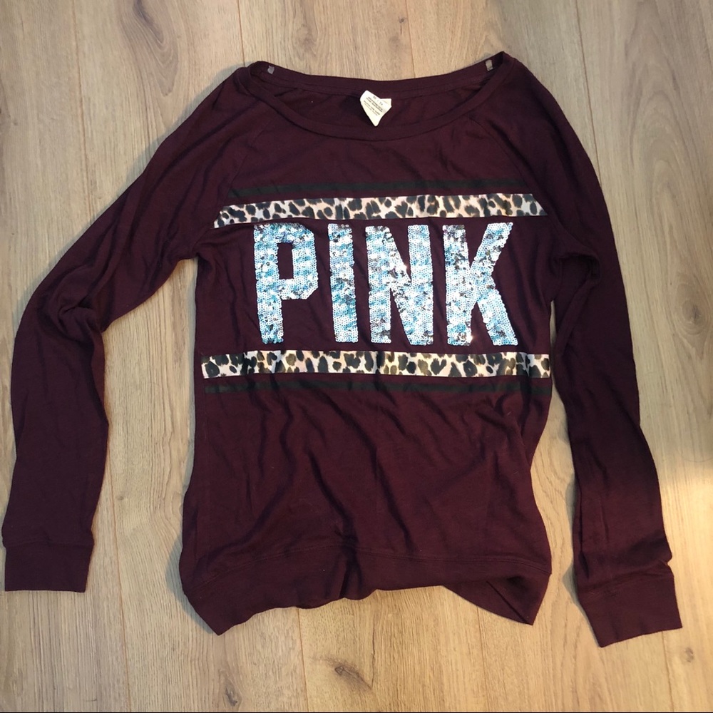 VS PINK burgundy sequin leopard print long sleeve